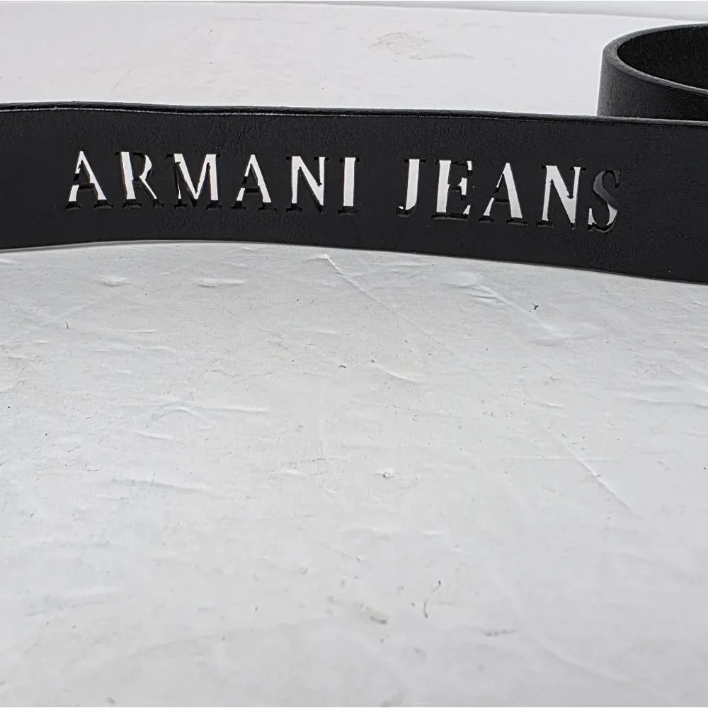 Armani Jeans Leather Belt Silver Buckle Black Made In Italy Size 95/110